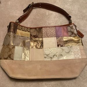 Coach Khaki Suede Signature Patchwork Whiskey Trim Shoulder Tote Bag Purse